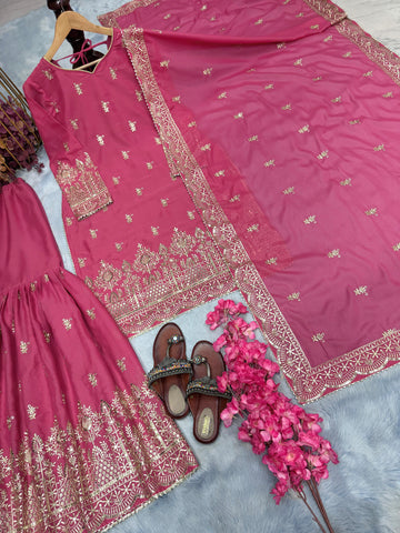 Wedding Wear Pink Color Heavy Simar Georgette With Heavy Embroidery 5mm Sequence Work Beautiful Sharara Suit