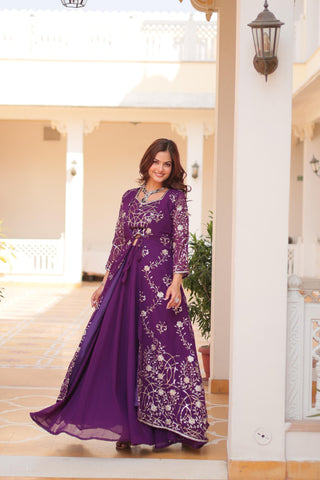 Wedding Wear Purple Color Faux Georgette With Heavy 3mm Embroidery Work Designer Palazzo With Choli And Shrug