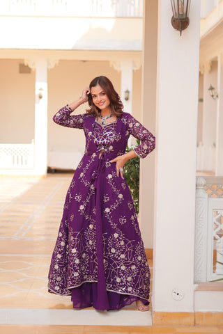 Wedding Wear Purple Color Faux Georgette With Heavy 3mm Embroidery Work Designer Palazzo With Choli And Shrug