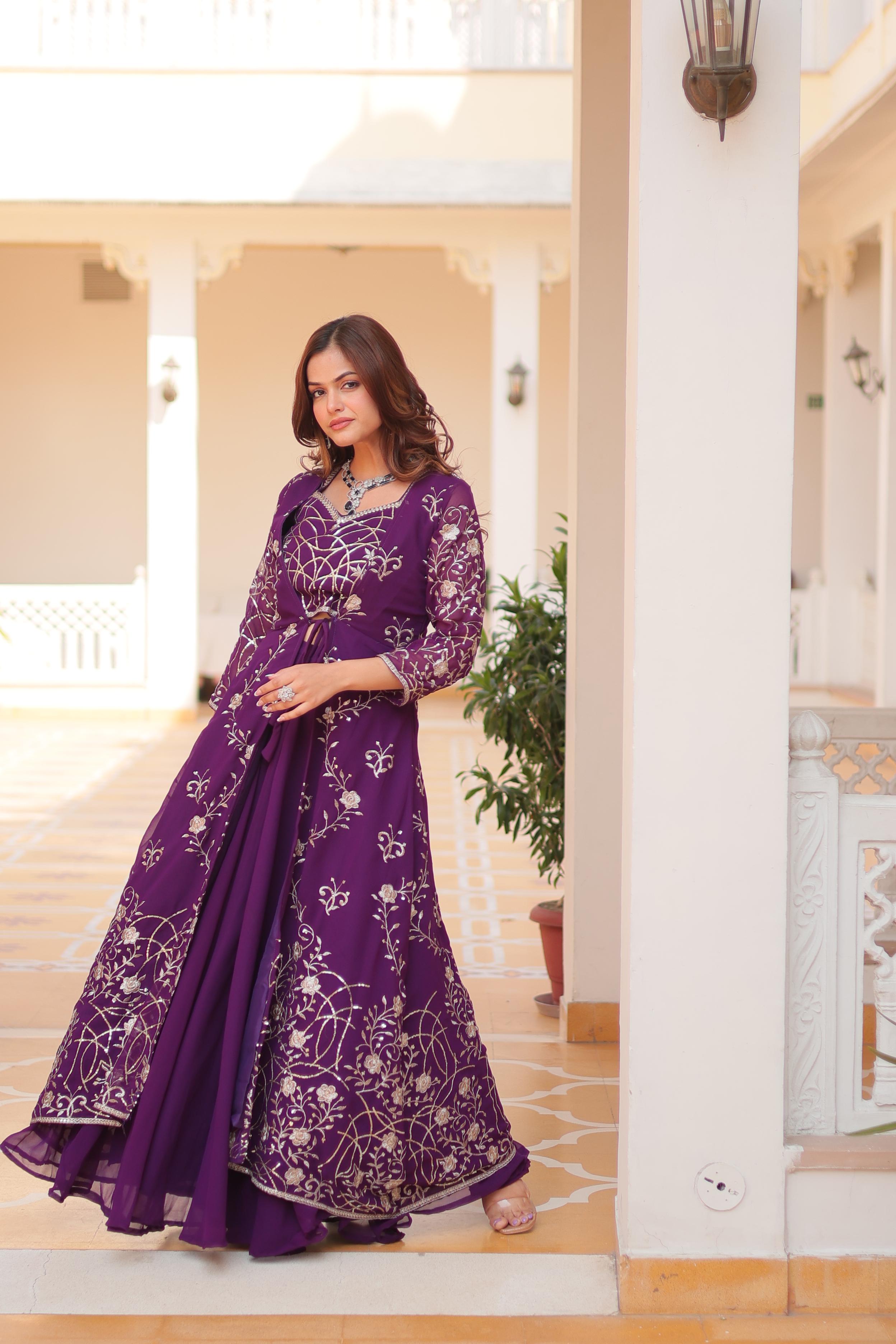 Wedding Wear Purple Color Faux Georgette With Heavy 3mm Embroidery Work Designer Palazzo With Choli And Shrug