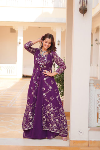 Wedding Wear Purple Color Faux Georgette With Heavy 3mm Embroidery Work Designer Palazzo With Choli And Shrug