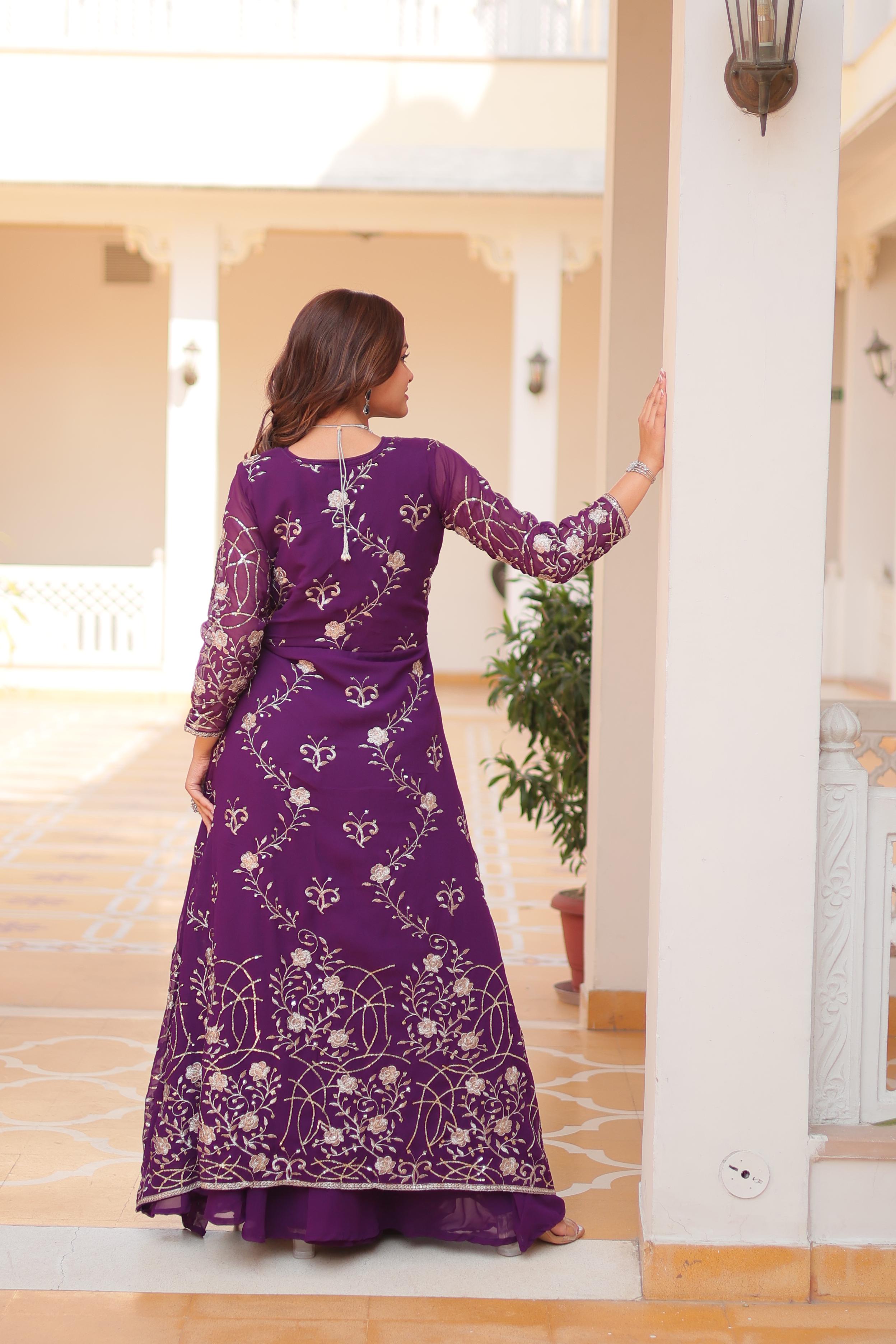 Wedding Wear Purple Color Faux Georgette With Heavy 3mm Embroidery Work Designer Palazzo With Choli And Shrug