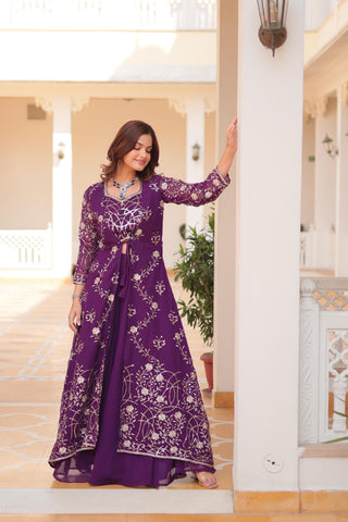 Wedding Wear Purple Color Faux Georgette With Heavy 3mm Embroidery Work Designer Palazzo With Choli And Shrug