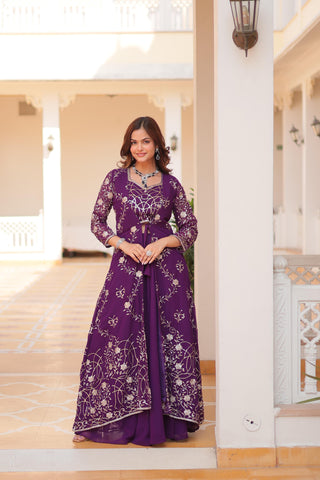 Wedding Wear Purple Color Faux Georgette With Heavy 3mm Embroidery Work Designer Palazzo With Choli And Shrug