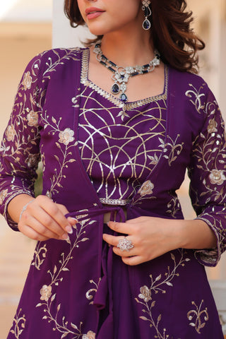 Wedding Wear Purple Color Faux Georgette With Heavy 3mm Embroidery Work Designer Palazzo With Choli And Shrug