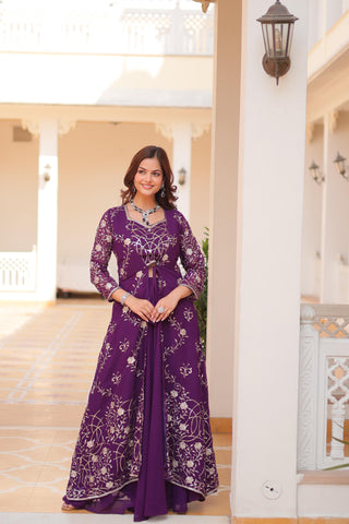 Wedding Wear Purple Color Faux Georgette With Heavy 3mm Embroidery Work Designer Palazzo With Choli And Shrug