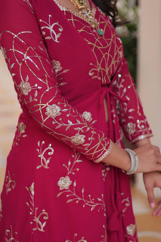 Wedding Wear Pink Color Faux Georgette With Heavy 3mm Embroidery Work Designer Palazzo With Choli And Shrug