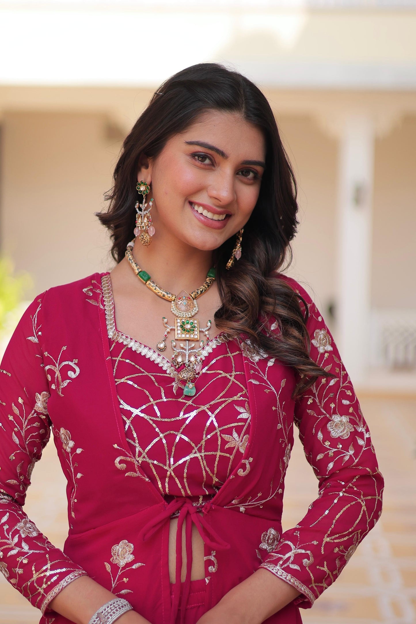 Wedding Wear Pink Color Faux Georgette With Heavy 3mm Embroidery Work Designer Palazzo With Choli And Shrug