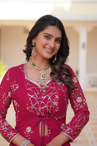 Wedding Wear Pink Color Faux Georgette With Heavy 3mm Embroidery Work Designer Palazzo With Choli And Shrug