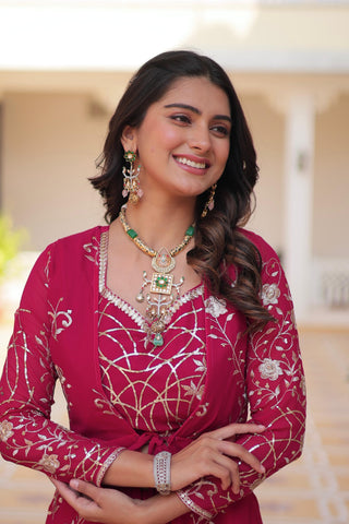 Wedding Wear Pink Color Faux Georgette With Heavy 3mm Embroidery Work Designer Palazzo With Choli And Shrug