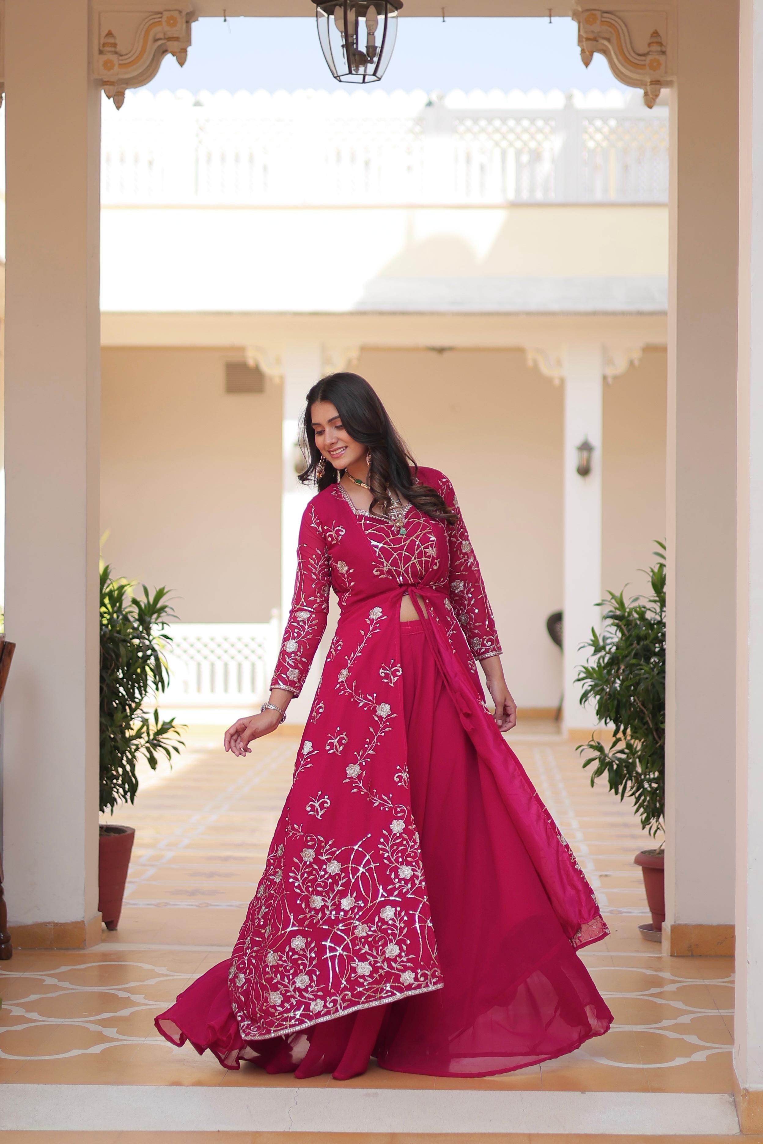 Wedding Wear Pink Color Faux Georgette With Heavy 3mm Embroidery Work Designer Palazzo With Choli And Shrug