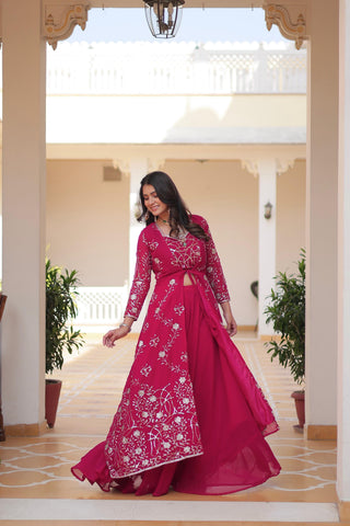 Wedding Wear Pink Color Faux Georgette With Heavy 3mm Embroidery Work Designer Palazzo With Choli And Shrug