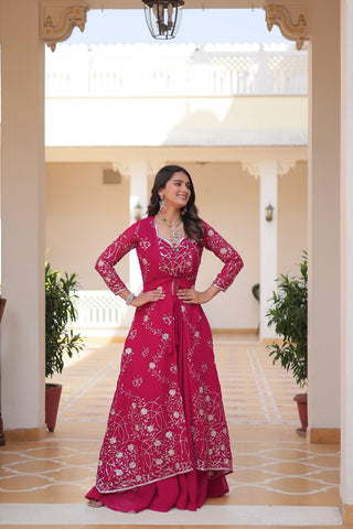 Wedding Wear Pink Color Faux Georgette With Heavy 3mm Embroidery Work Designer Palazzo With Choli And Shrug