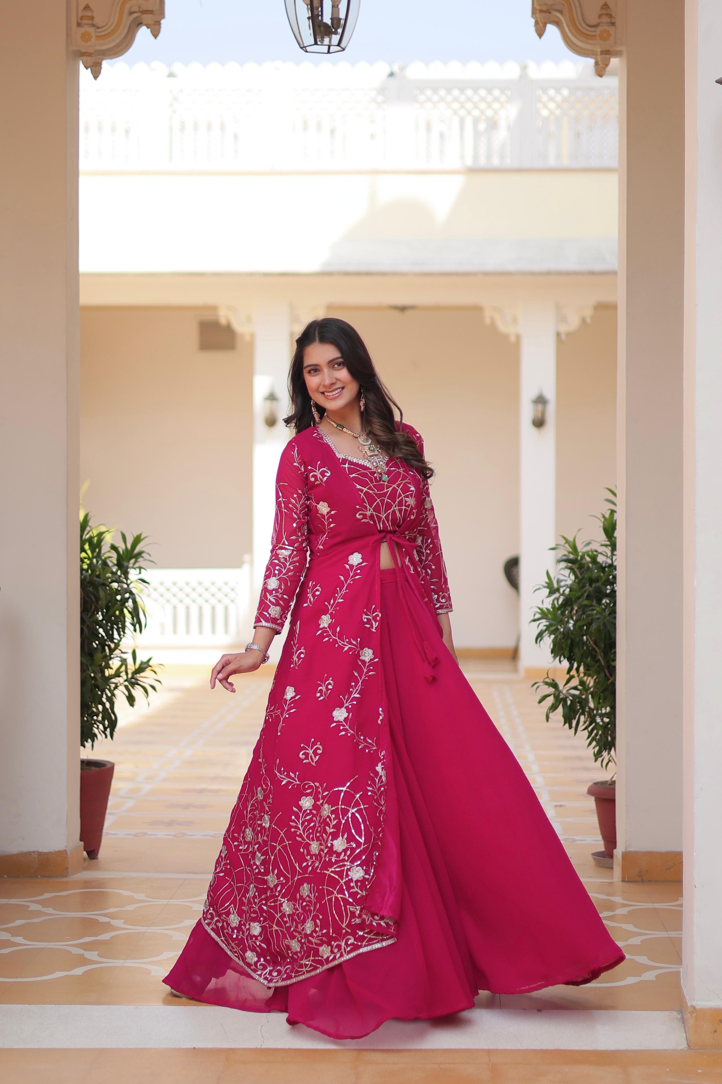 Wedding Wear Pink Color Faux Georgette With Heavy 3mm Embroidery Work Designer Palazzo With Choli And Shrug
