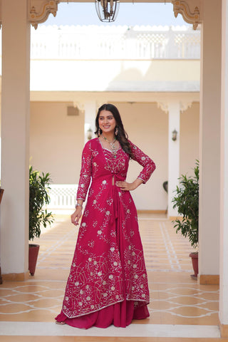 Wedding Wear Pink Color Faux Georgette With Heavy 3mm Embroidery Work Designer Palazzo With Choli And Shrug