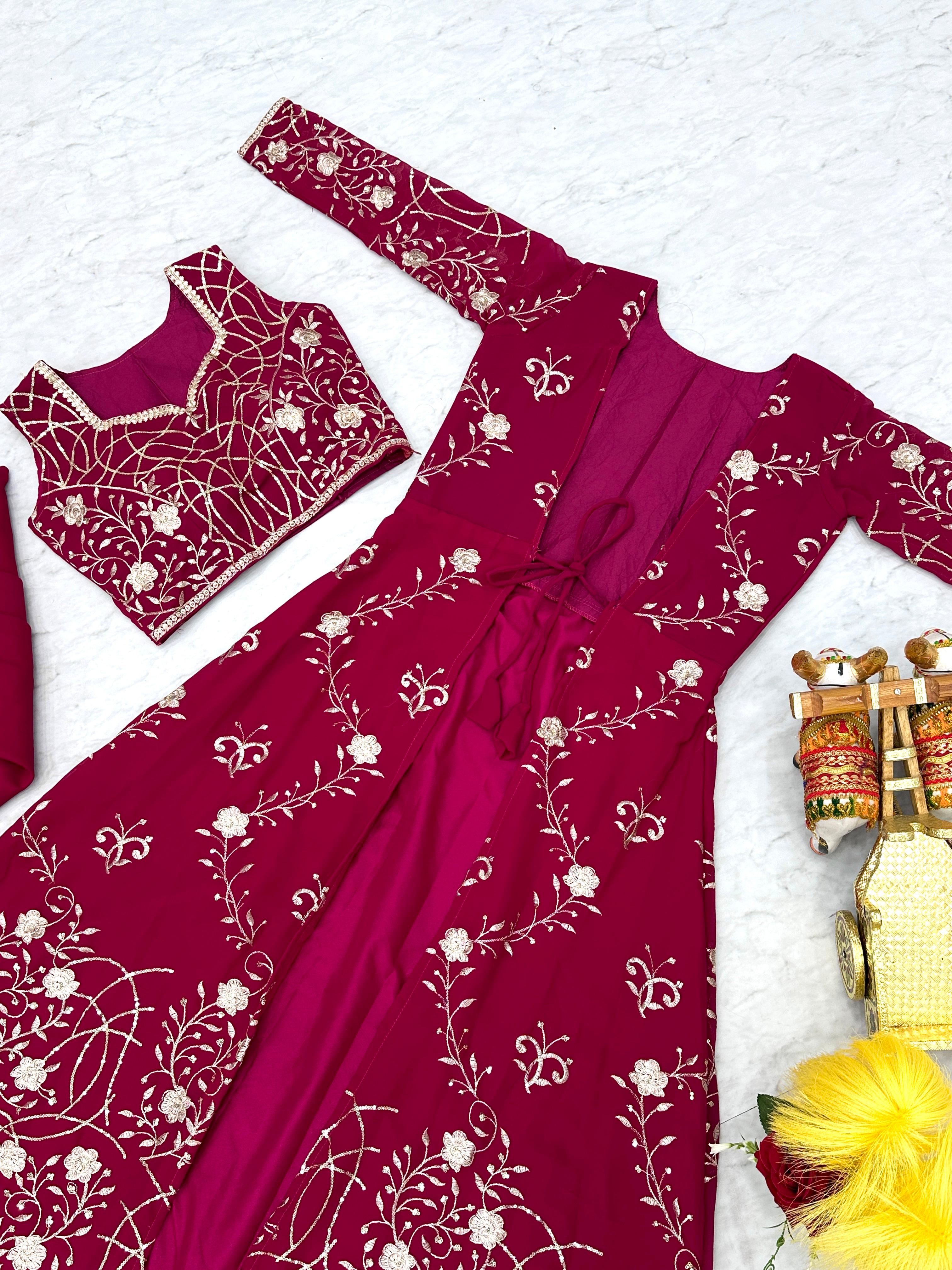 Wedding Wear Pink Color Faux Georgette With Heavy 3mm Embroidery Work Designer Palazzo With Choli And Shrug