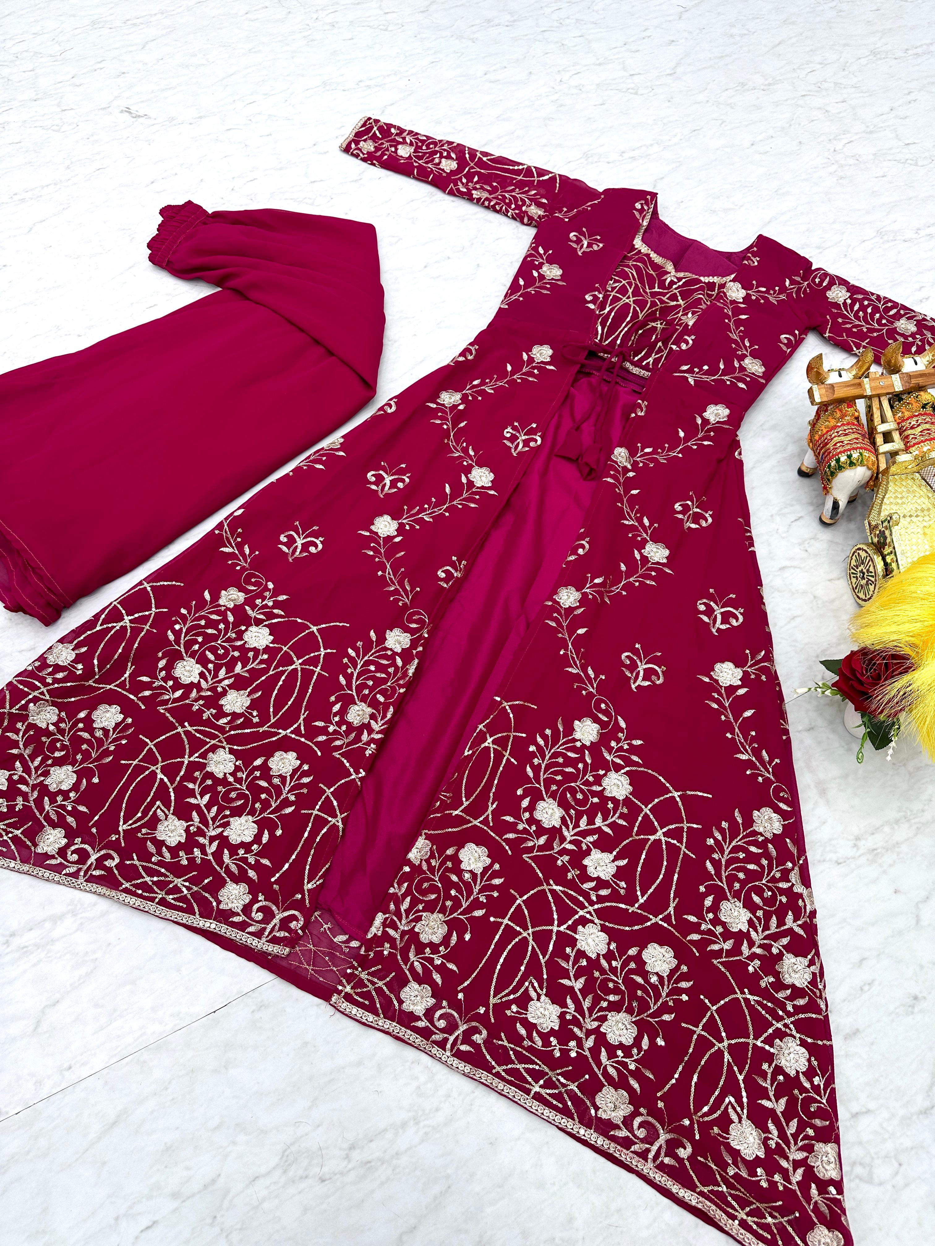 Wedding Wear Pink Color Faux Georgette With Heavy 3mm Embroidery Work Designer Palazzo With Choli And Shrug