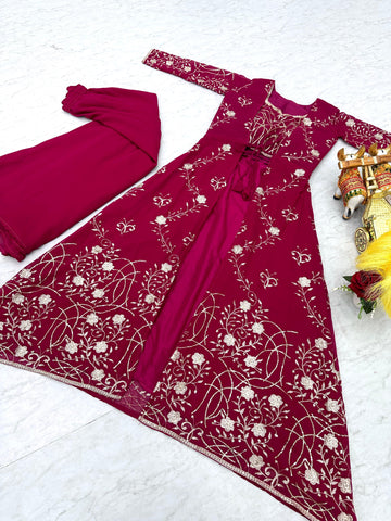 Wedding Wear Pink Color Faux Georgette With Heavy 3mm Embroidery Work Designer Palazzo With Choli And Shrug