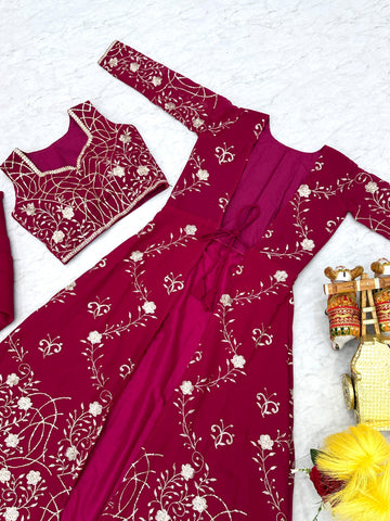 Wedding Wear Pink Color Faux Georgette With Heavy 3mm Embroidery Work Designer Palazzo With Choli And Shrug