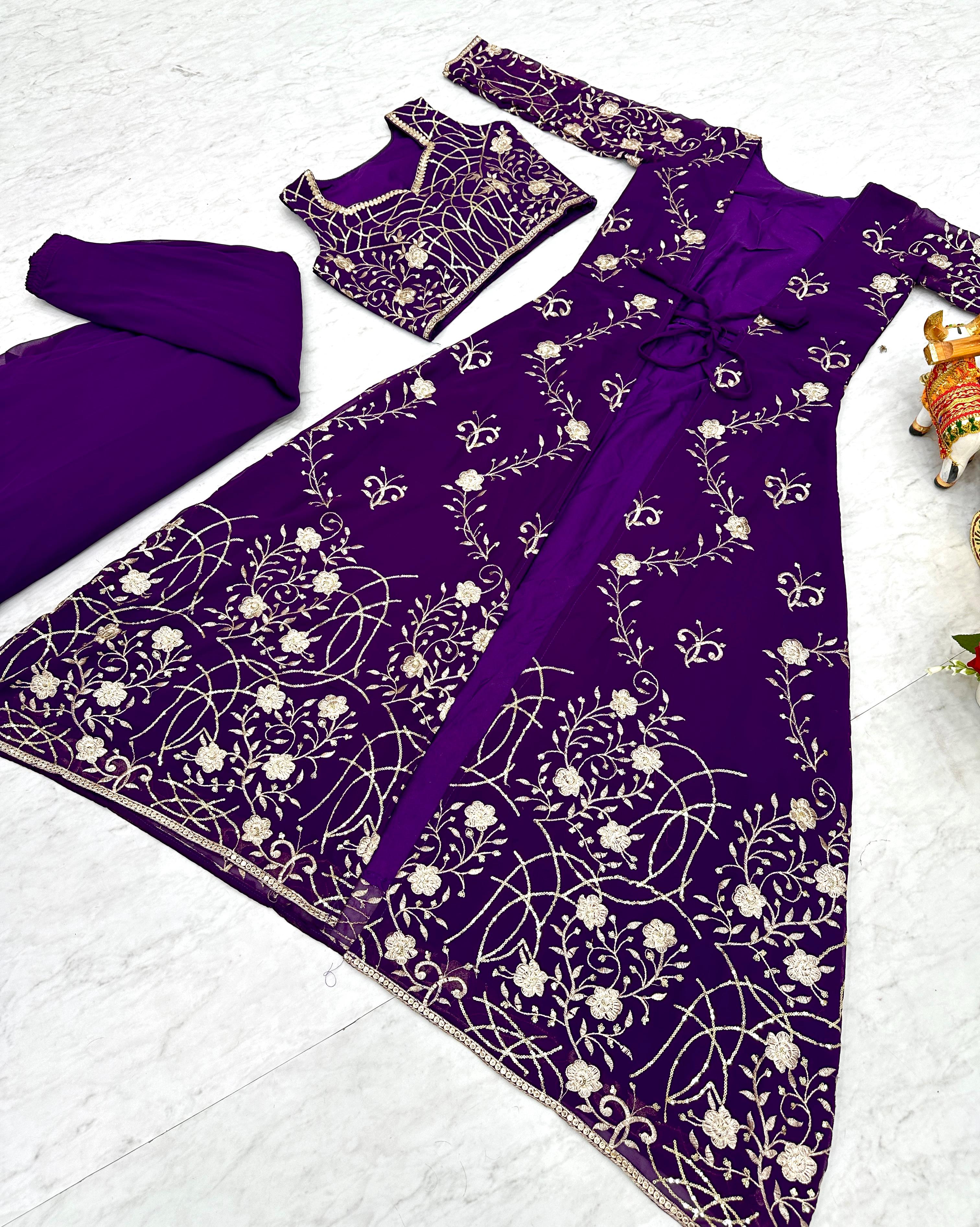 Wedding Wear Purple Color Faux Georgette With Heavy 3mm Embroidery Work Designer Palazzo With Choli And Shrug