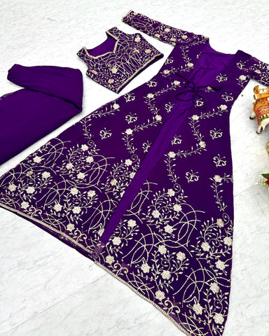 Wedding Wear Purple Color Faux Georgette With Heavy 3mm Embroidery Work Designer Palazzo With Choli And Shrug