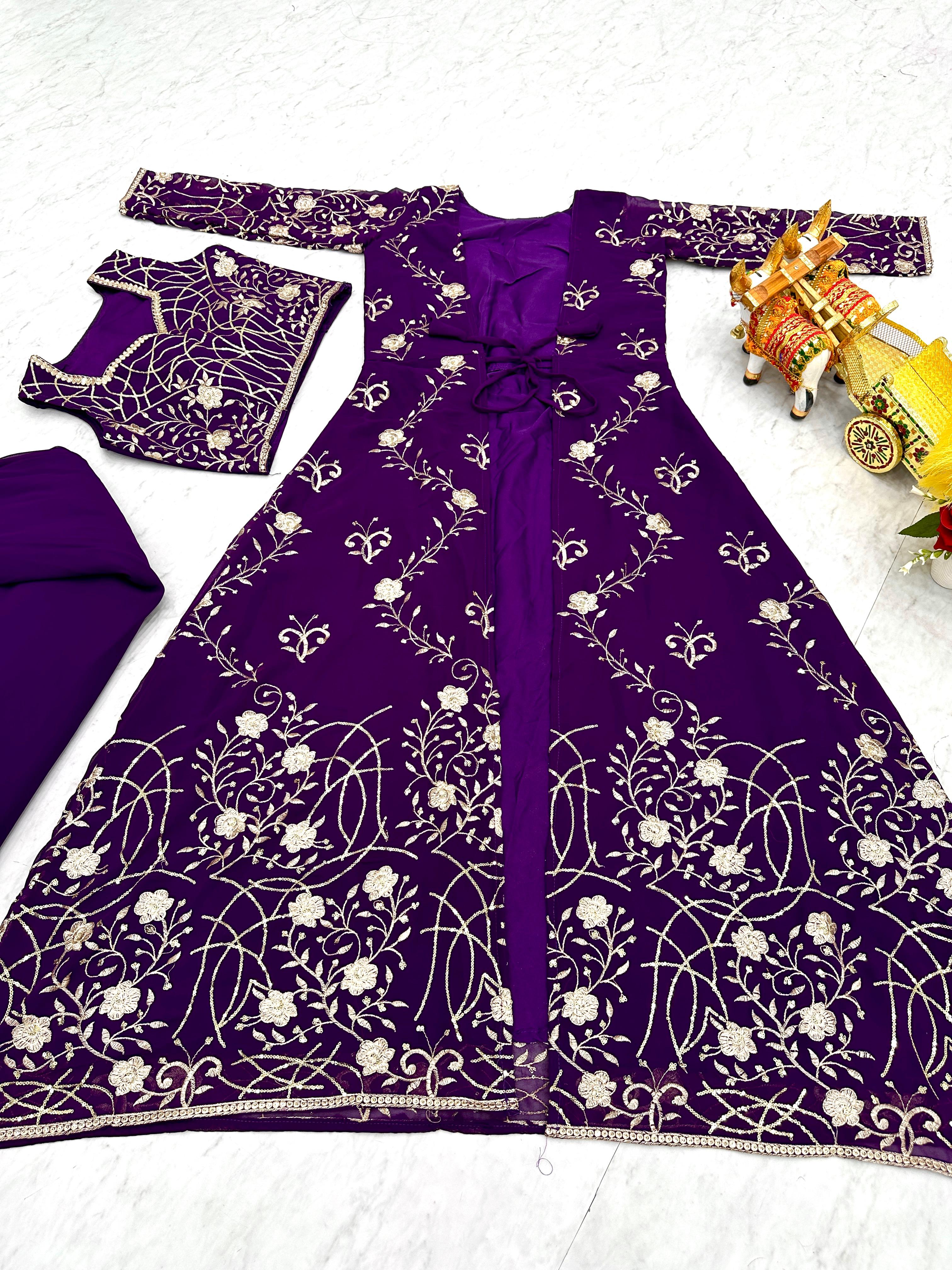 Wedding Wear Purple Color Faux Georgette With Heavy 3mm Embroidery Work Designer Palazzo With Choli And Shrug