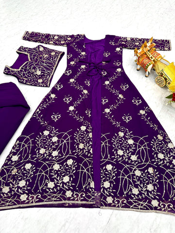 Wedding Wear Purple Color Faux Georgette With Heavy 3mm Embroidery Work Designer Palazzo With Choli And Shrug