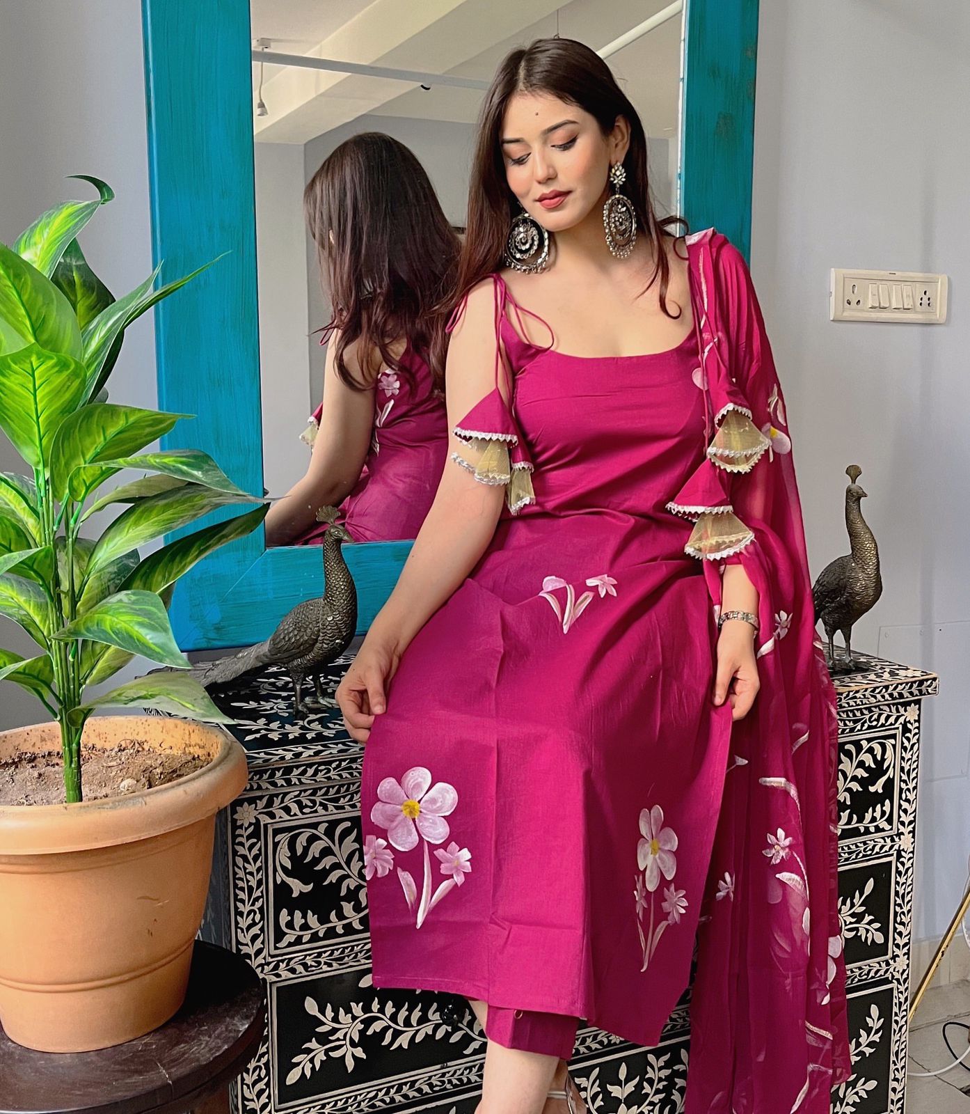 Imposing Gorgeous Pink Color Floral Handpainted Georgette Kurta Set With Tassels