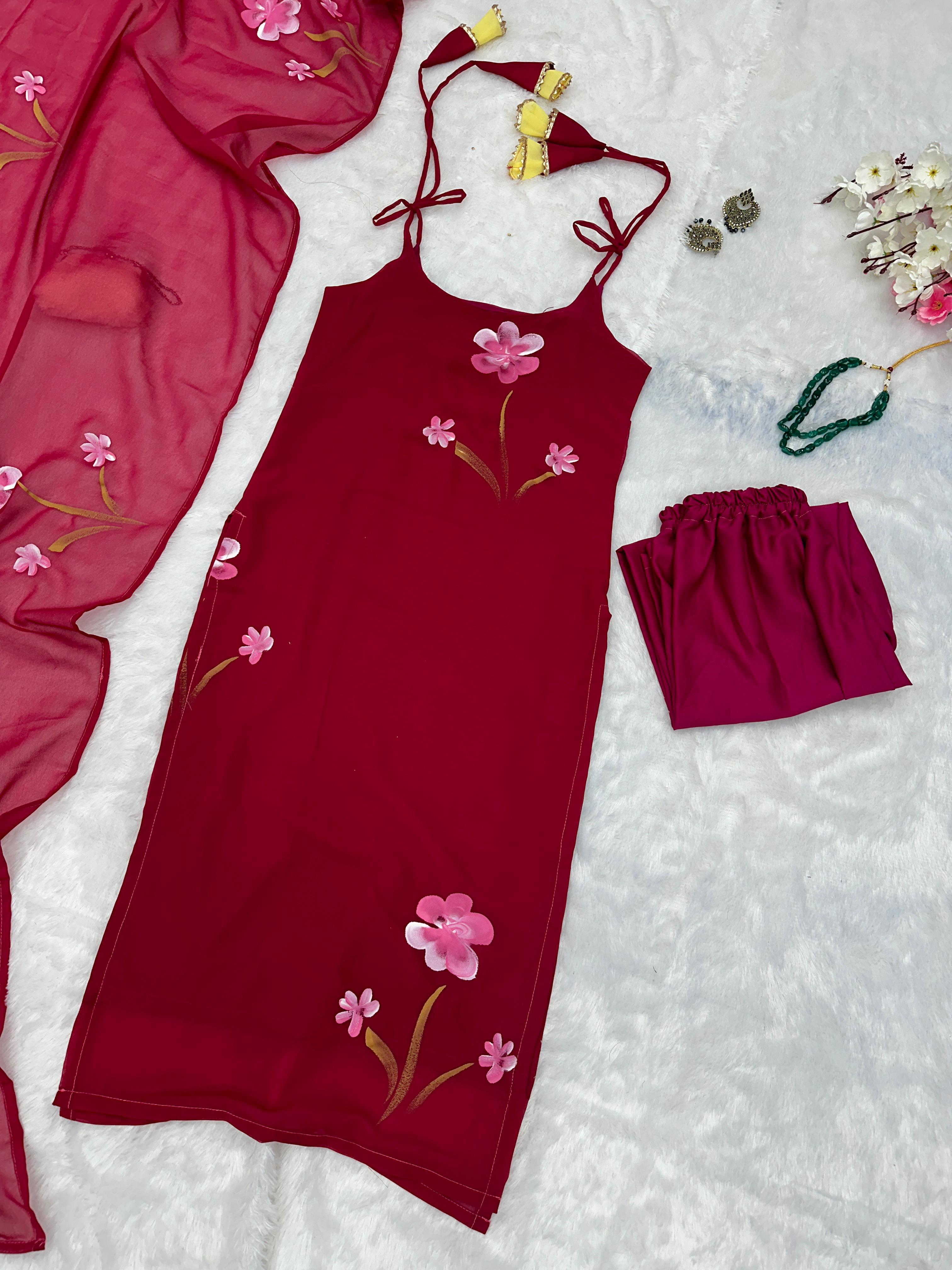 Imposing Gorgeous Pink Color Floral Handpainted Georgette Kurta Set With Tassels