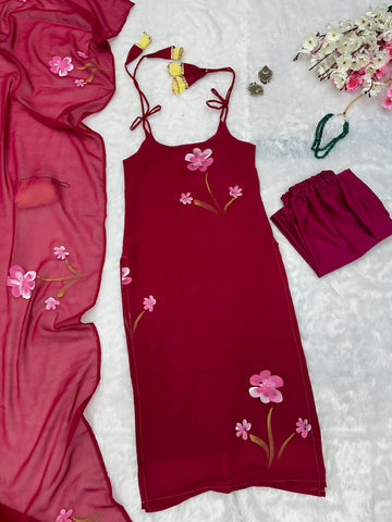 Imposing Gorgeous Pink Color Floral Handpainted Georgette Kurta Set With Tassels