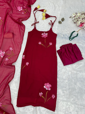 Imposing Gorgeous Pink Color Floral Handpainted Georgette Kurta Set With Tassels