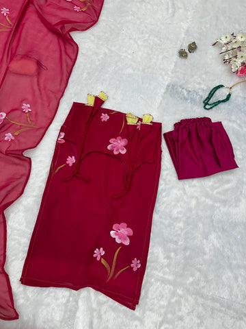Imposing Gorgeous Pink Color Floral Handpainted Georgette Kurta Set With Tassels