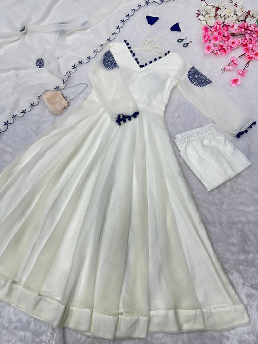 Stunning White Color Georgette Anarkali Embroidery Work Butta With Real Mirror Work Designer Anarkali Suit