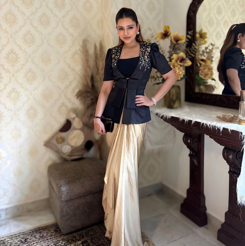 Beautiful Designer Black Color French Crape With With Sequence Embroidered Blazer
