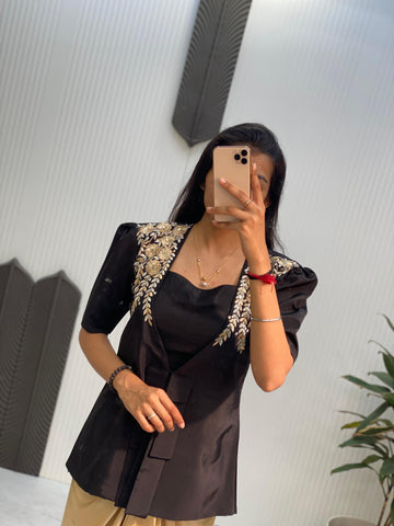Beautiful Designer Black Color French Crape With With Sequence Embroidered Blazer