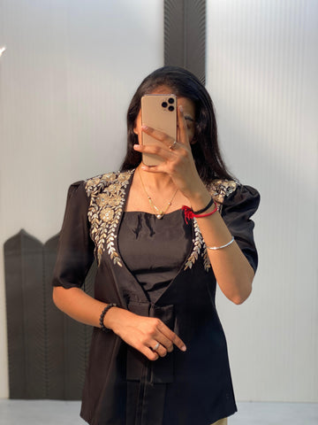 Beautiful Designer Black Color French Crape With With Sequence Embroidered Blazer