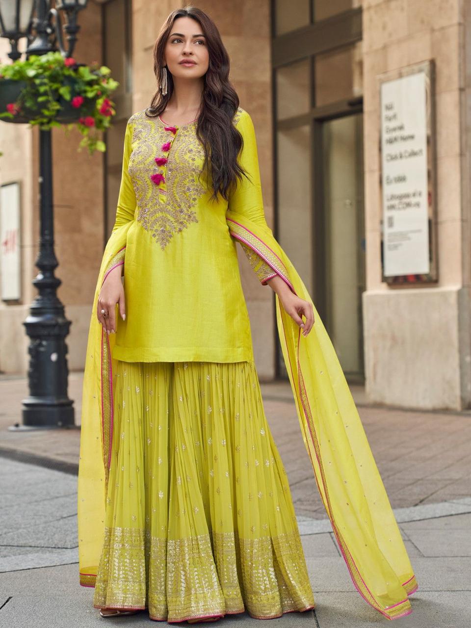 Preferable Parrot Green Color Faux Georgette With Codding Sequence Embroidery Designer Palazzo Suit