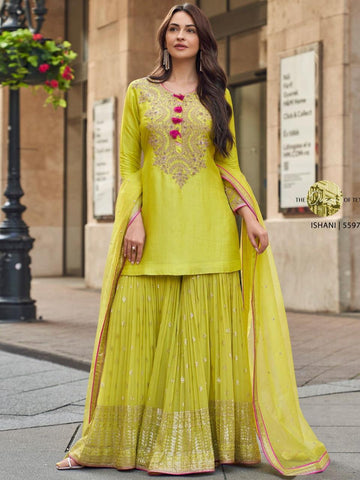 Preferable Parrot Green Color Faux Georgette With Codding Sequence Embroidery Designer Palazzo Suit