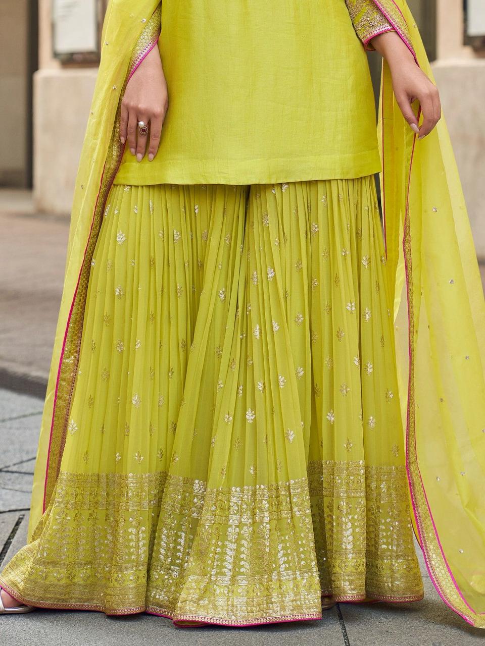 Preferable Parrot Green Color Faux Georgette With Codding Sequence Embroidery Designer Palazzo Suit