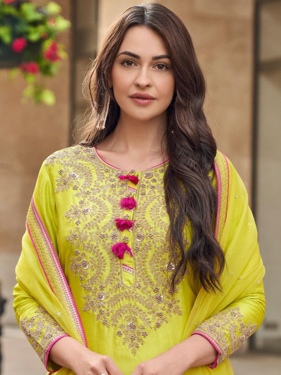 Preferable Parrot Green Color Faux Georgette With Codding Sequence Embroidery Designer Palazzo Suit