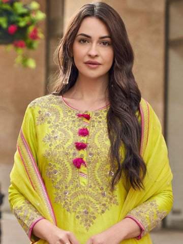 Preferable Parrot Green Color Faux Georgette With Codding Sequence Embroidery Designer Palazzo Suit