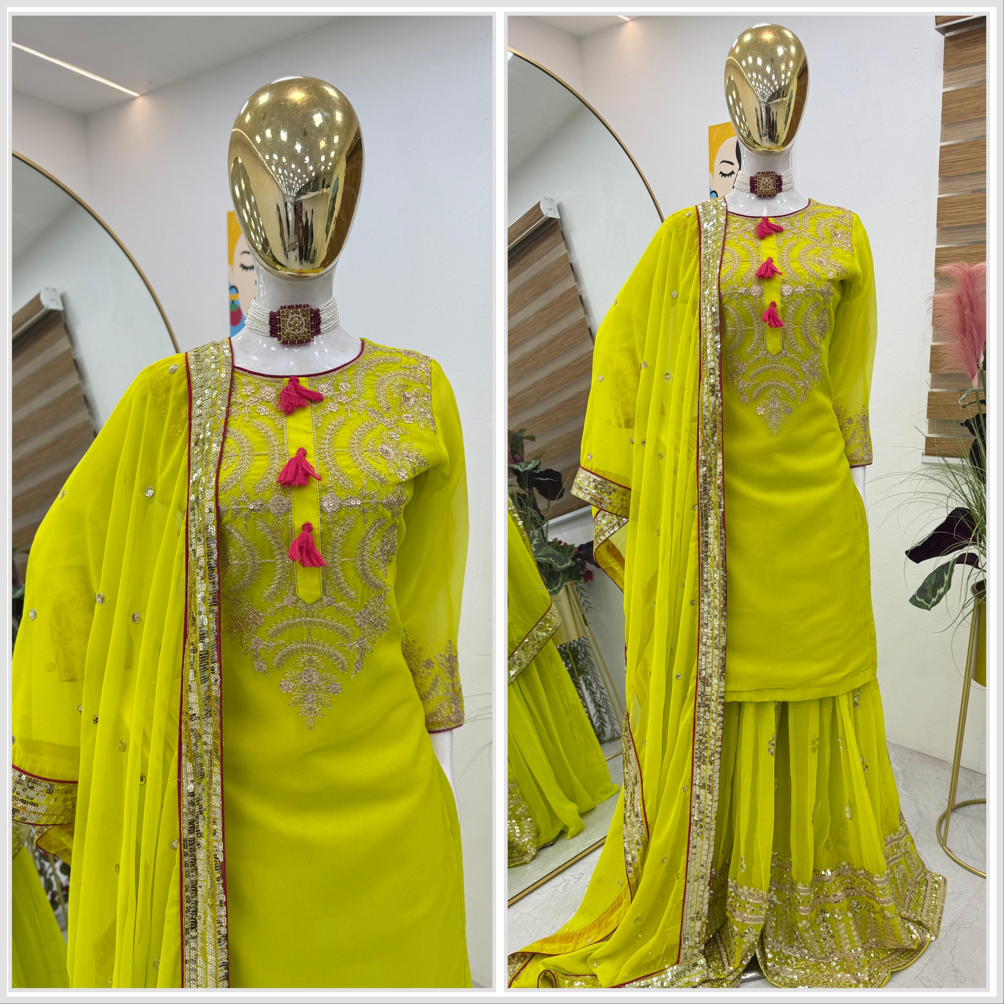 Preferable Parrot Green Color Faux Georgette With Codding Sequence Embroidery Designer Palazzo Suit