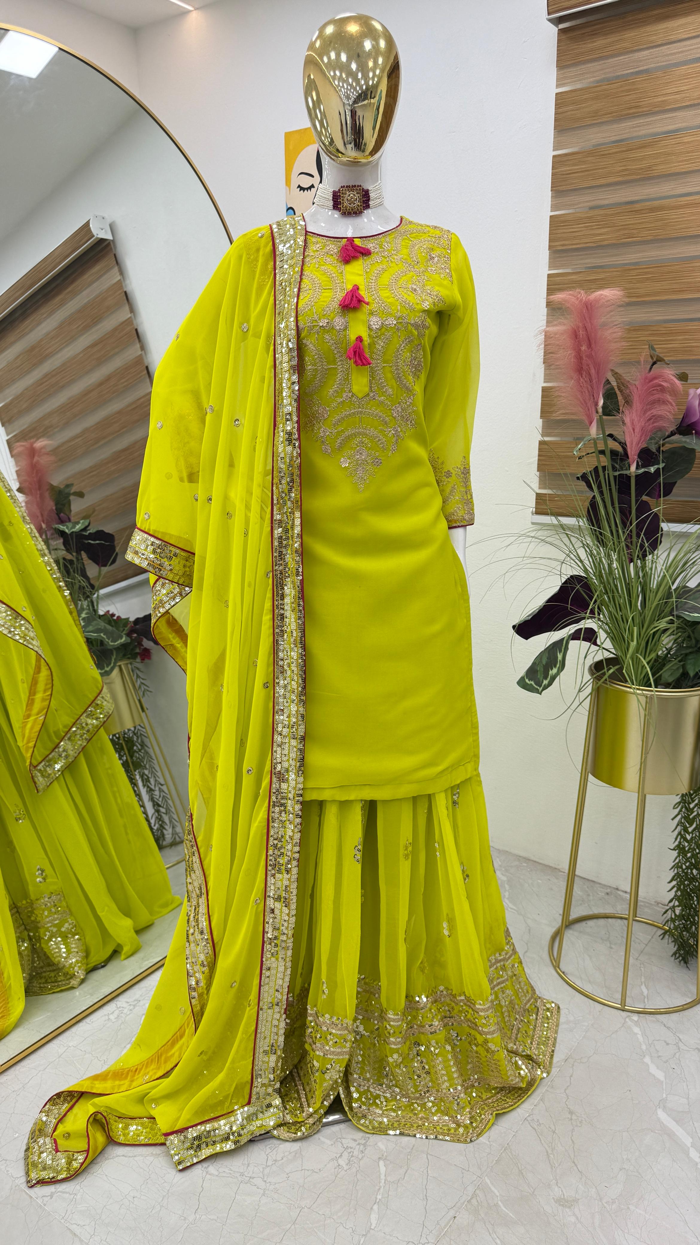 Preferable Parrot Green Color Faux Georgette With Codding Sequence Embroidery Designer Palazzo Suit