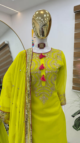 Preferable Parrot Green Color Faux Georgette With Codding Sequence Embroidery Designer Palazzo Suit