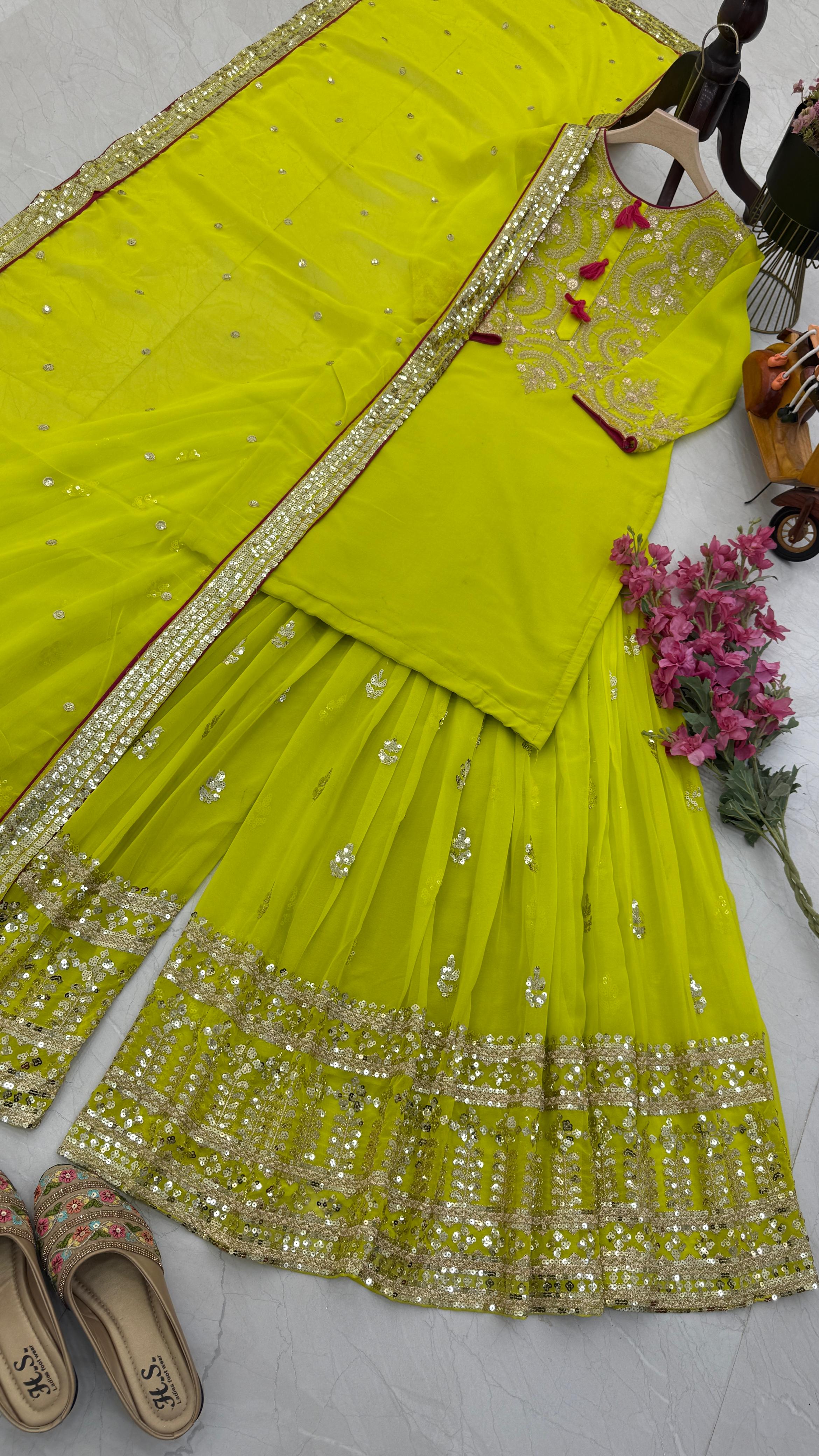 Preferable Parrot Green Color Faux Georgette With Codding Sequence Embroidery Designer Palazzo Suit