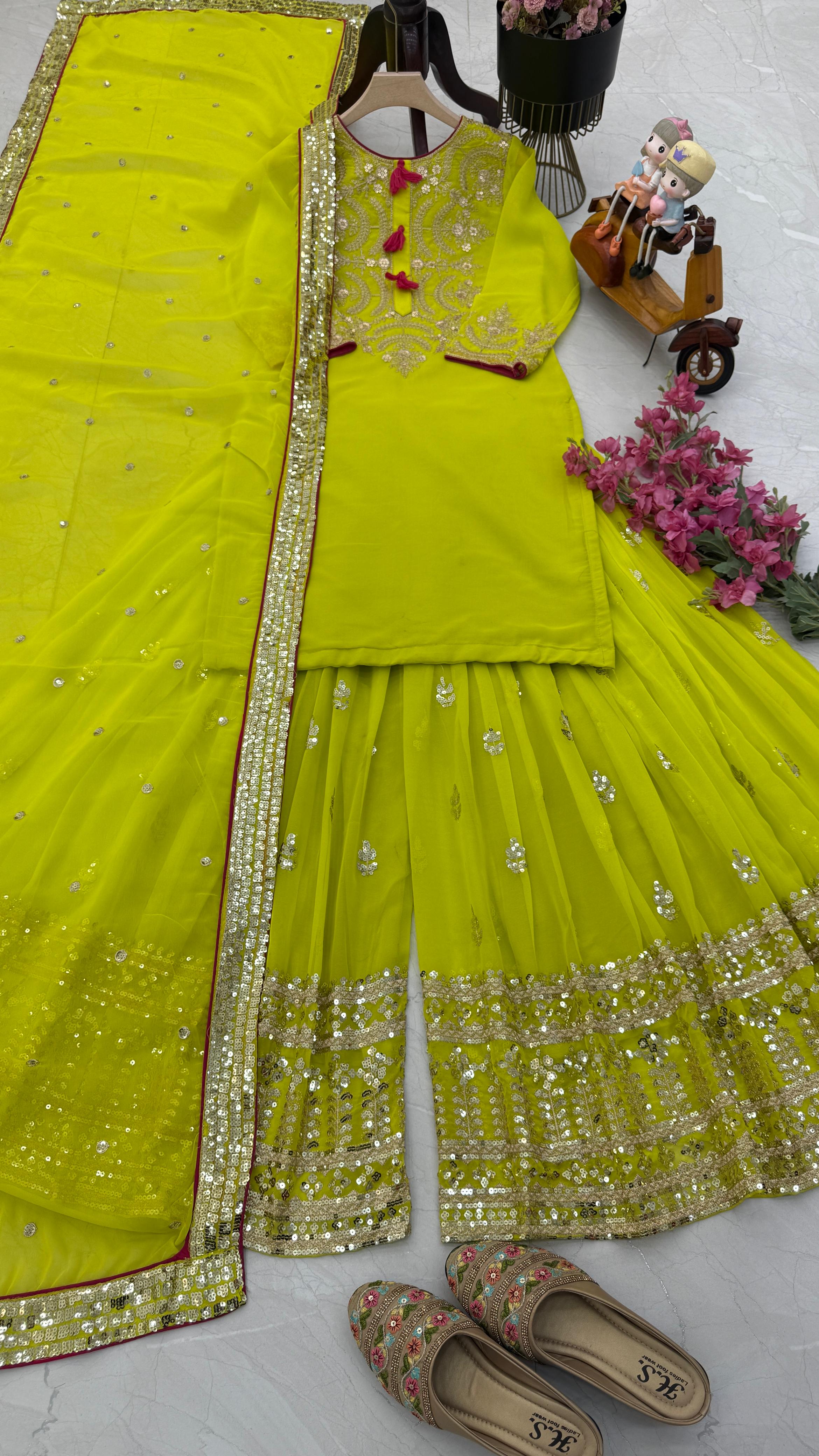Preferable Parrot Green Color Faux Georgette With Codding Sequence Embroidery Designer Palazzo Suit