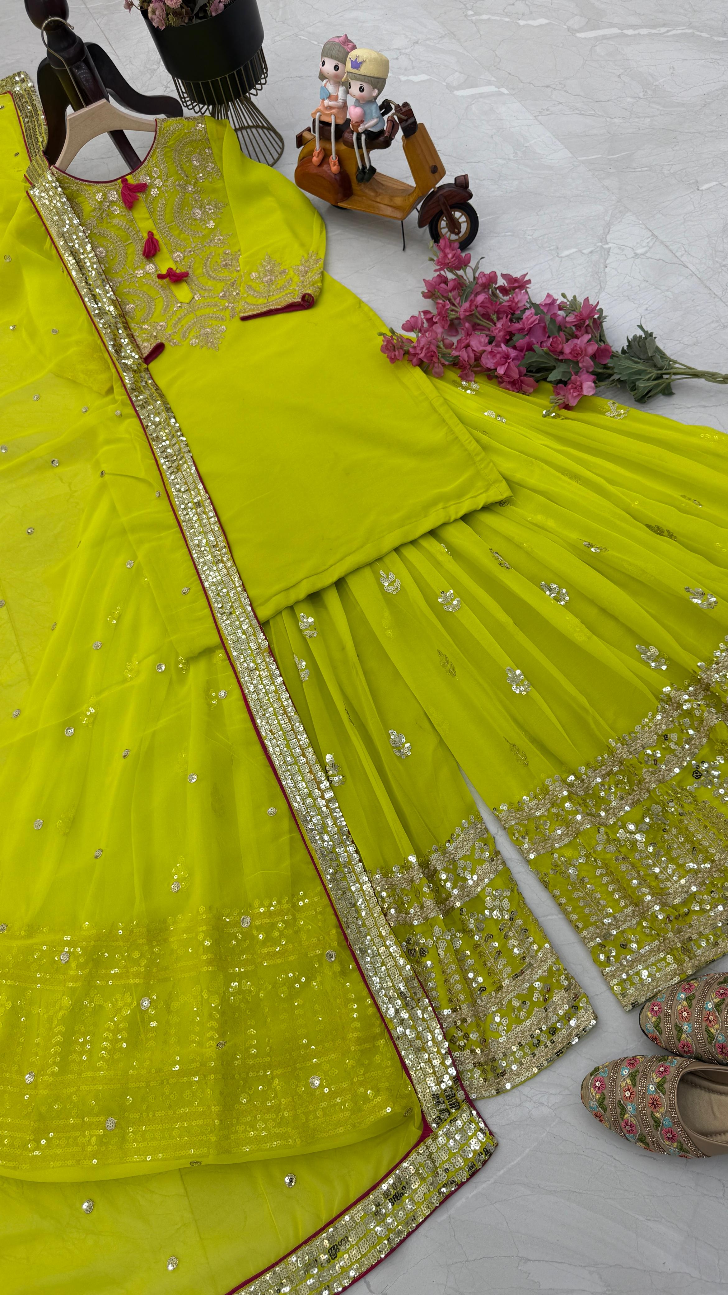 Preferable Parrot Green Color Faux Georgette With Codding Sequence Embroidery Designer Palazzo Suit