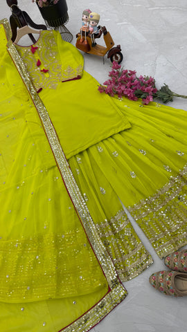 Preferable Parrot Green Color Faux Georgette With Codding Sequence Embroidery Designer Palazzo Suit