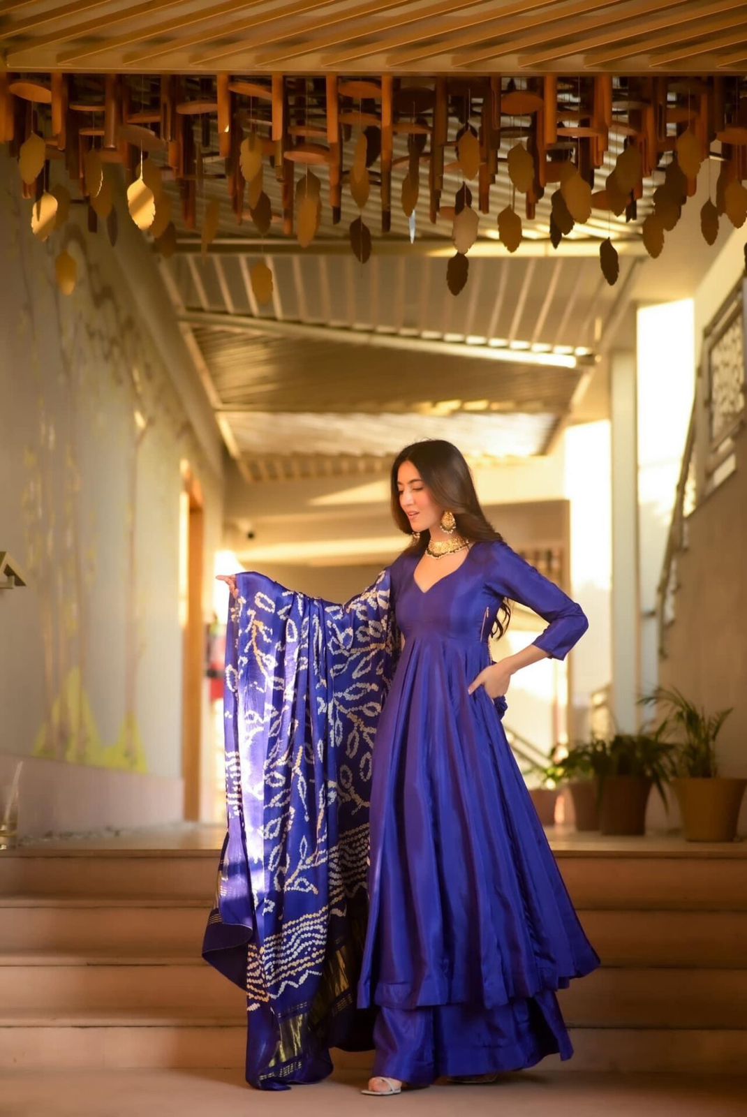 Wedding Wear Blue Color Designer Chinnon Silk Anarkali Palazzo Suit