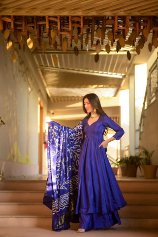 Wedding Wear Blue Color Designer Chinnon Silk Anarkali Palazzo Suit